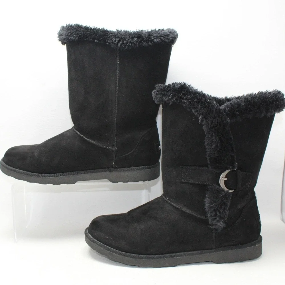 Makalu Gabrielle Womens Black Faux Fur Lined Mid Calf Buckle Boots Size 7M‎